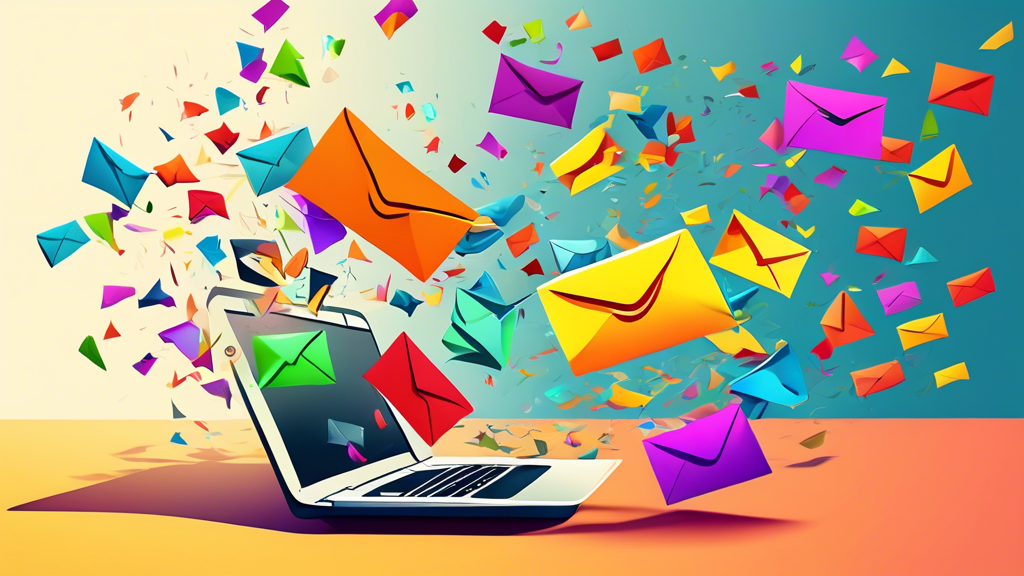 Ilustración digital de una persona feliz que se registra exitosamente para recibir correo electrónico en una computadora moderna, con sobres coloridos volando fuera de la pantalla que simbolizan los correos electrónicos entrantes.