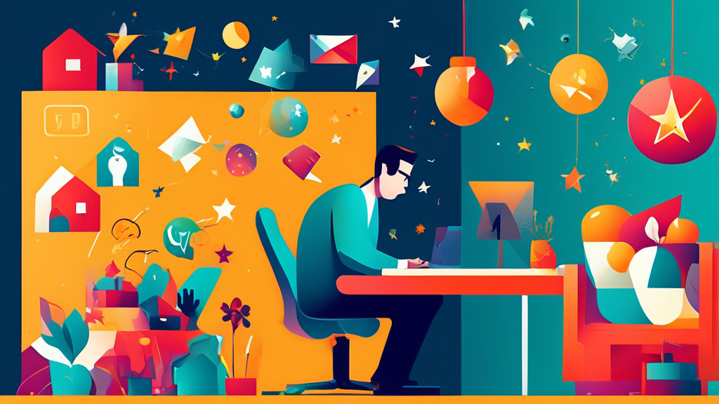 Illustration einer Person, die eine Schatzkiste voller bunter Newsletter-Icons öffnet, umgeben von Sternen und Glühbirnen in einem gemütlichen Home-Office-Umfeld.