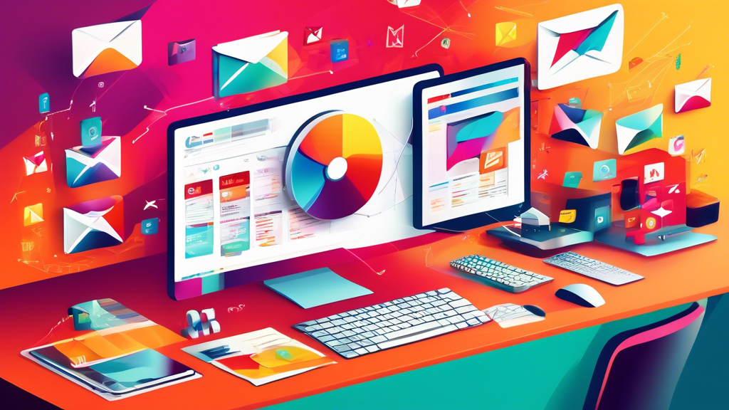 Ilustração de arte digital de um espaço de trabalho moderno com uma tela de computador exibindo ícones coloridos de e-mail e gráficos estatísticos, simbolizando soluções de marketing por e-mail para empresas.