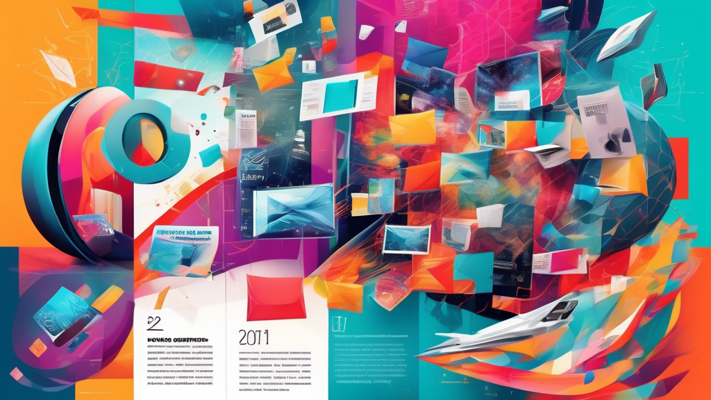 Digital collage showcasing diverse, cutting-edge newsletter formats for 2023, with futuristic technology and vibrant designs.