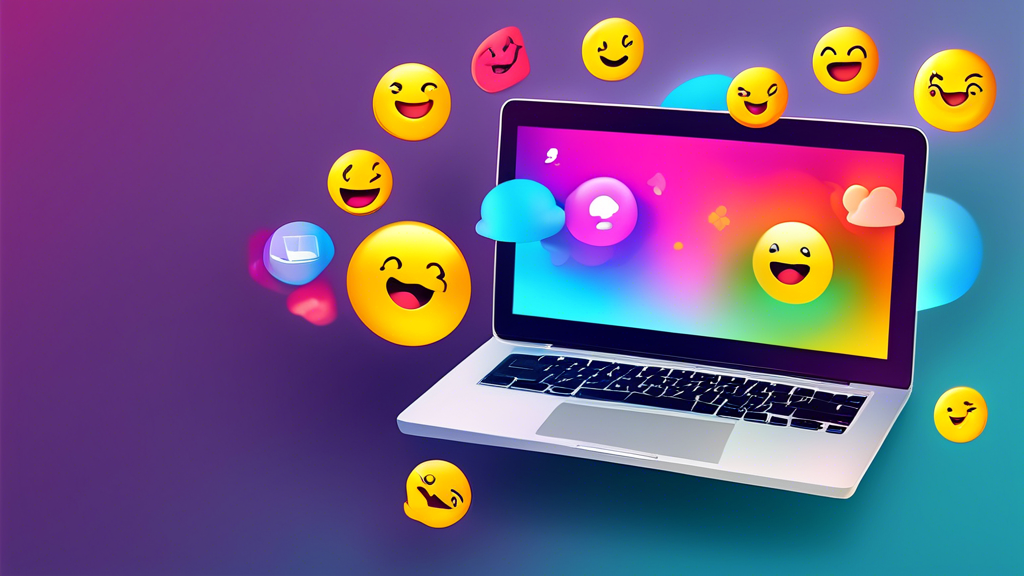 Illustratie van een opengeklapte laptop met een gloeiend aanmeldingsformulier voor de nieuwsbrief op het scherm, omringd door een groep diverse vrolijke emoji-pictogrammen