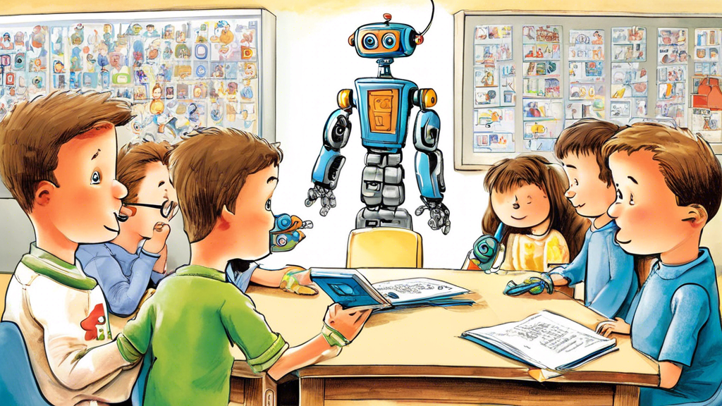 Een intelligente cartoonrobot die een groot leerboek leest met de kop 'Hoe werkt het? 'Een eenvoudige uitleg' uitgelegd aan een groep aandachtige kinderen in een kleurrijk klaslokaal.