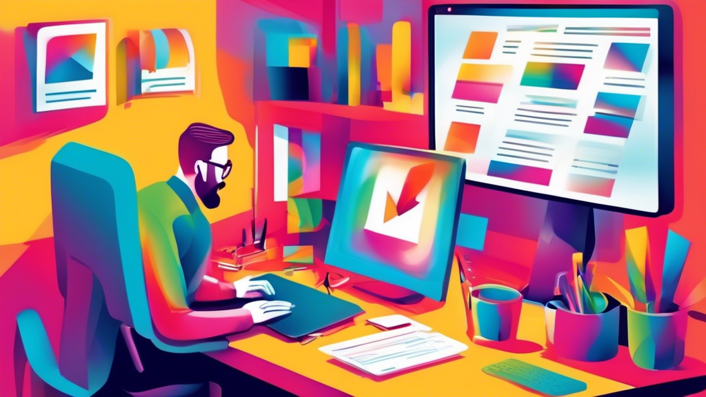 Ein lebhaftes, buntes Büro mit einer Person, die am Computer sitzt und gerade erfolgreich einen E-Mail-Newsletter mit einem großen, leuchtenden Senden Knopf auf dem Bildschirm entwirft